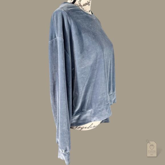 ZARA Blue Velour Drop Shoulder Pullover Sweatshirt L - Picture 2 of 5